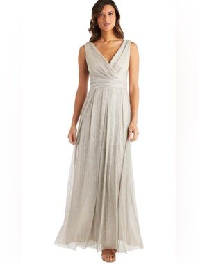 R&M Richards Silver Metallic V-Neck Maxi Gown